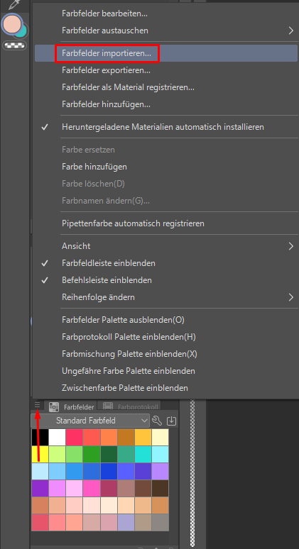 CSP: Farbfelder-Menü mit dem Eintrag Farbfelder importieren